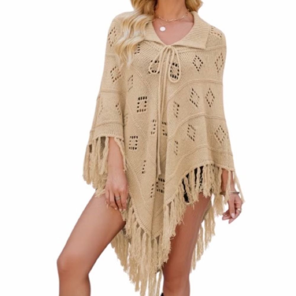 Bohemian Chic Oversized Cream Knit Poncho With Fringe NWOT